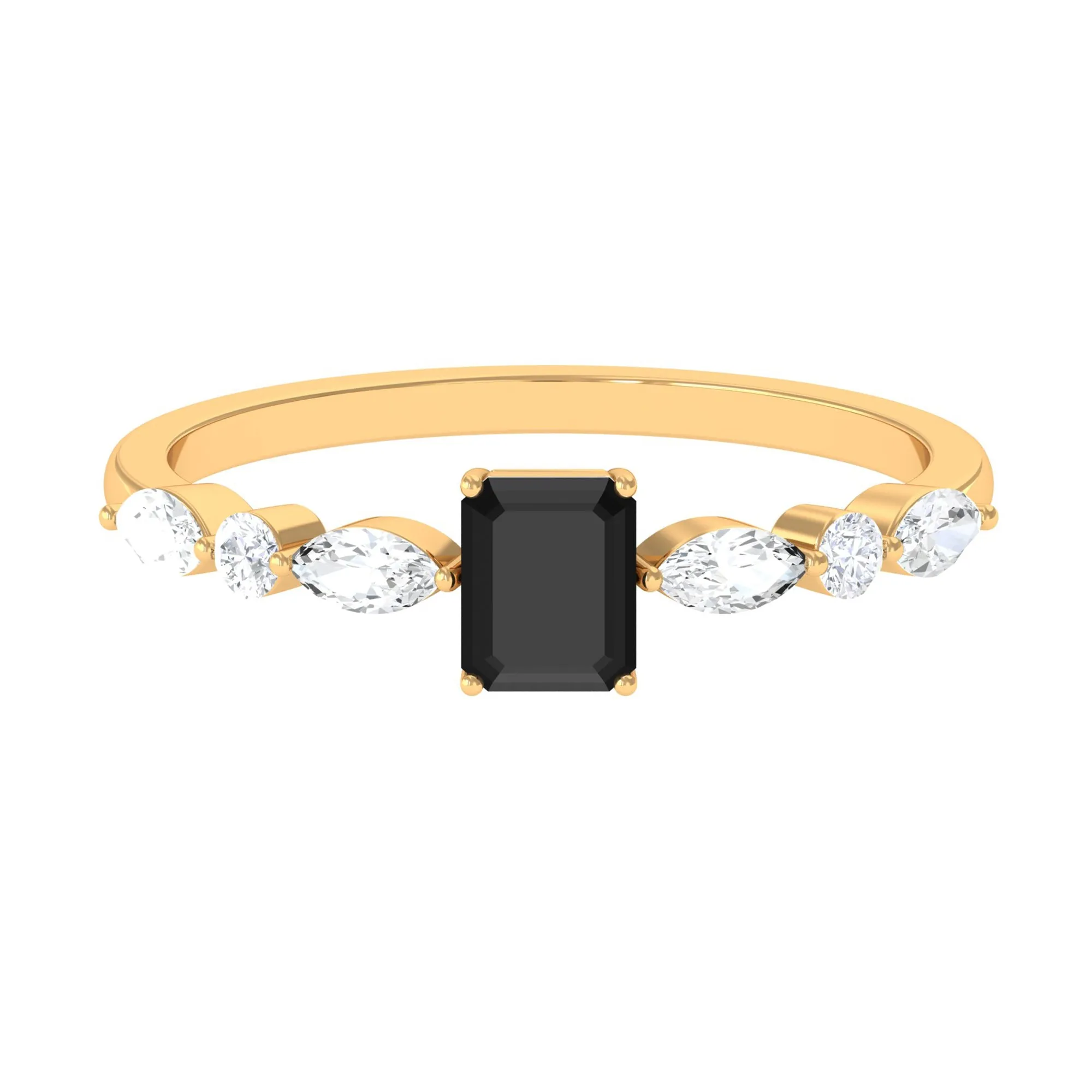 Octagon Black Onyx Solitaire Ring with Diamond Side Stones