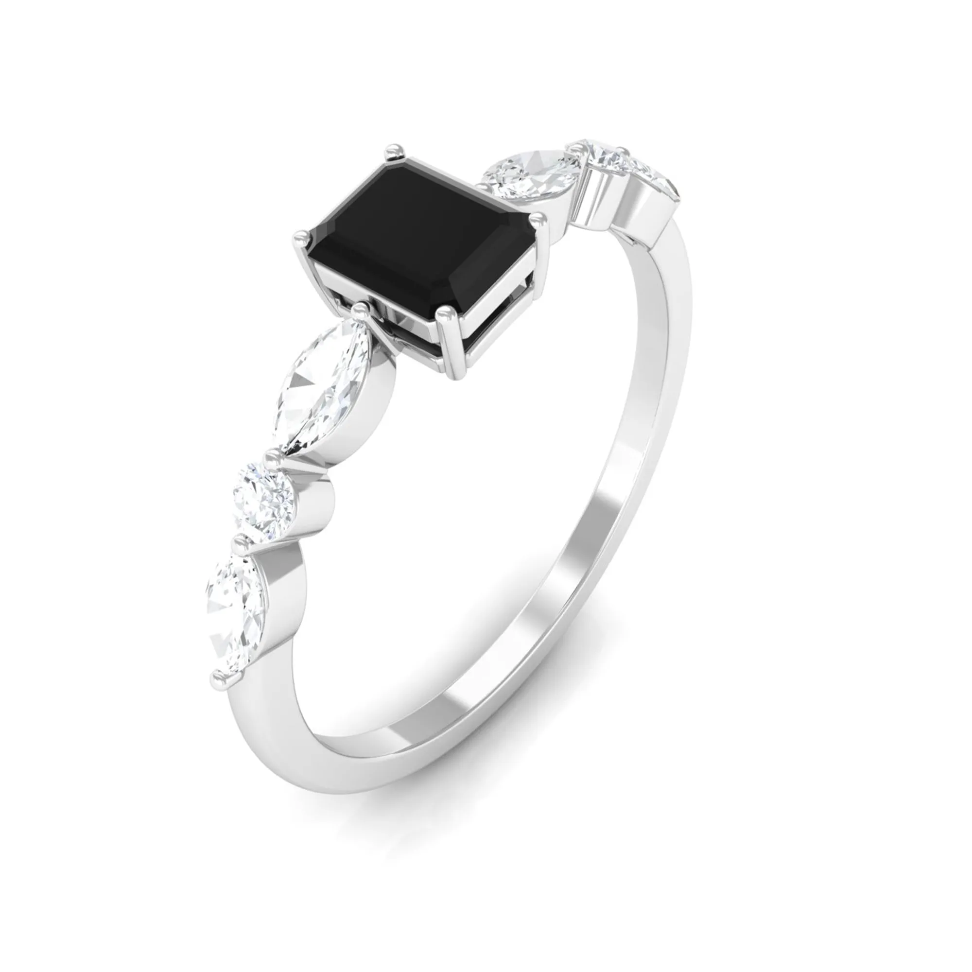 Octagon Black Onyx Solitaire Ring with Diamond Side Stones