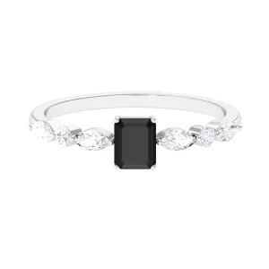 Octagon Black Onyx Solitaire Ring with Diamond Side Stones