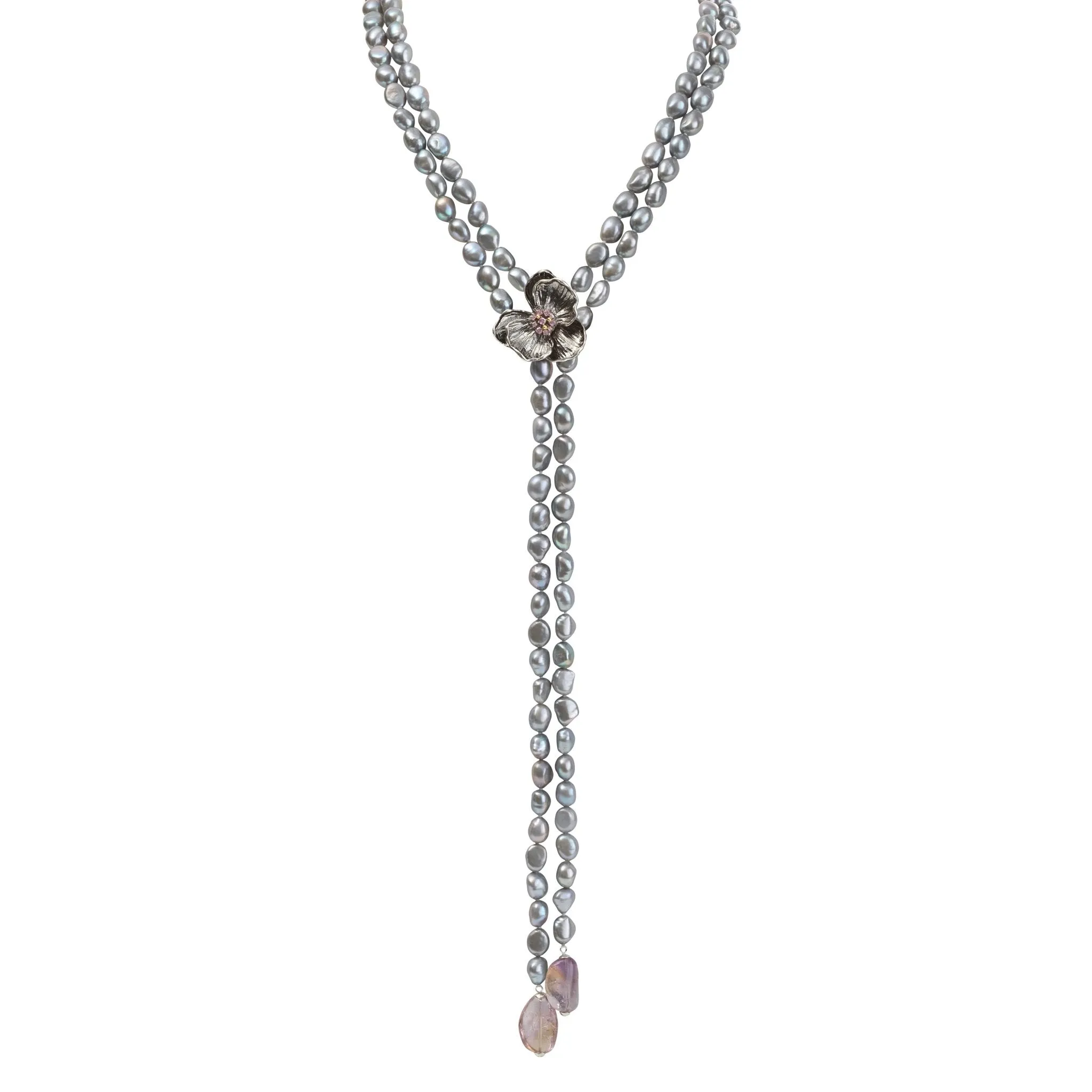 Orchid Lariat Necklace with Pearls, Ametrine and Pink Sapphire