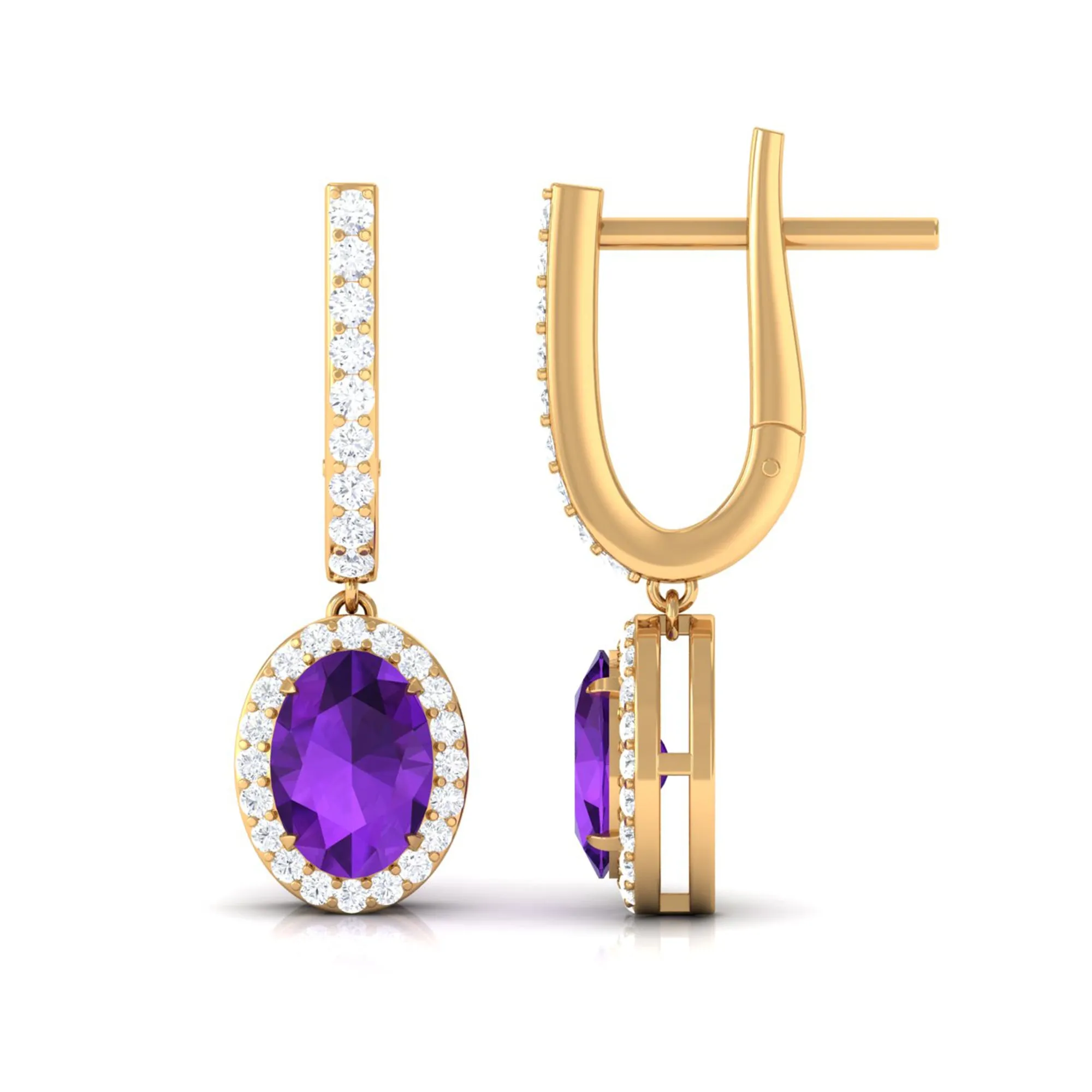 Oval Amethyst Hoop Drop Earrings with Diamond Halo