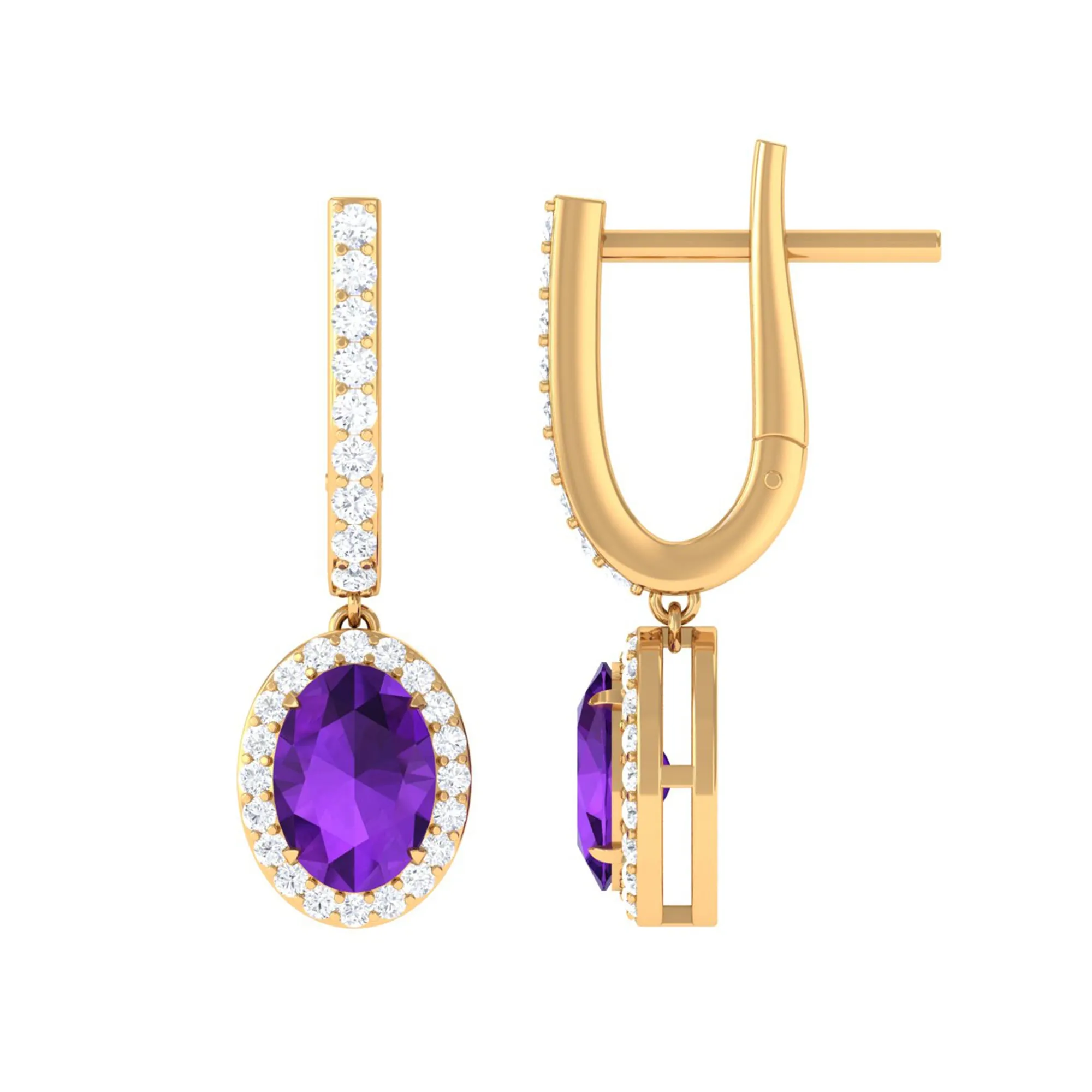 Oval Amethyst Hoop Drop Earrings with Diamond Halo