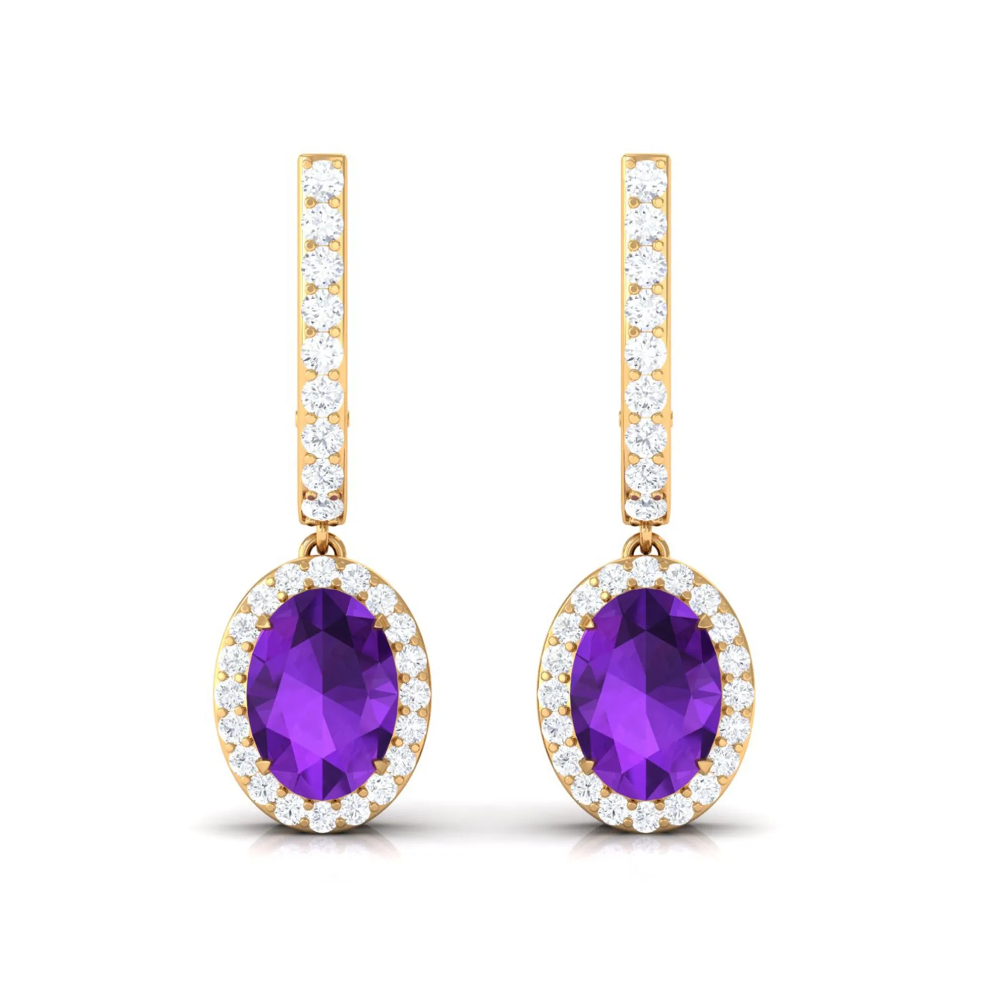 Oval Amethyst Hoop Drop Earrings with Diamond Halo