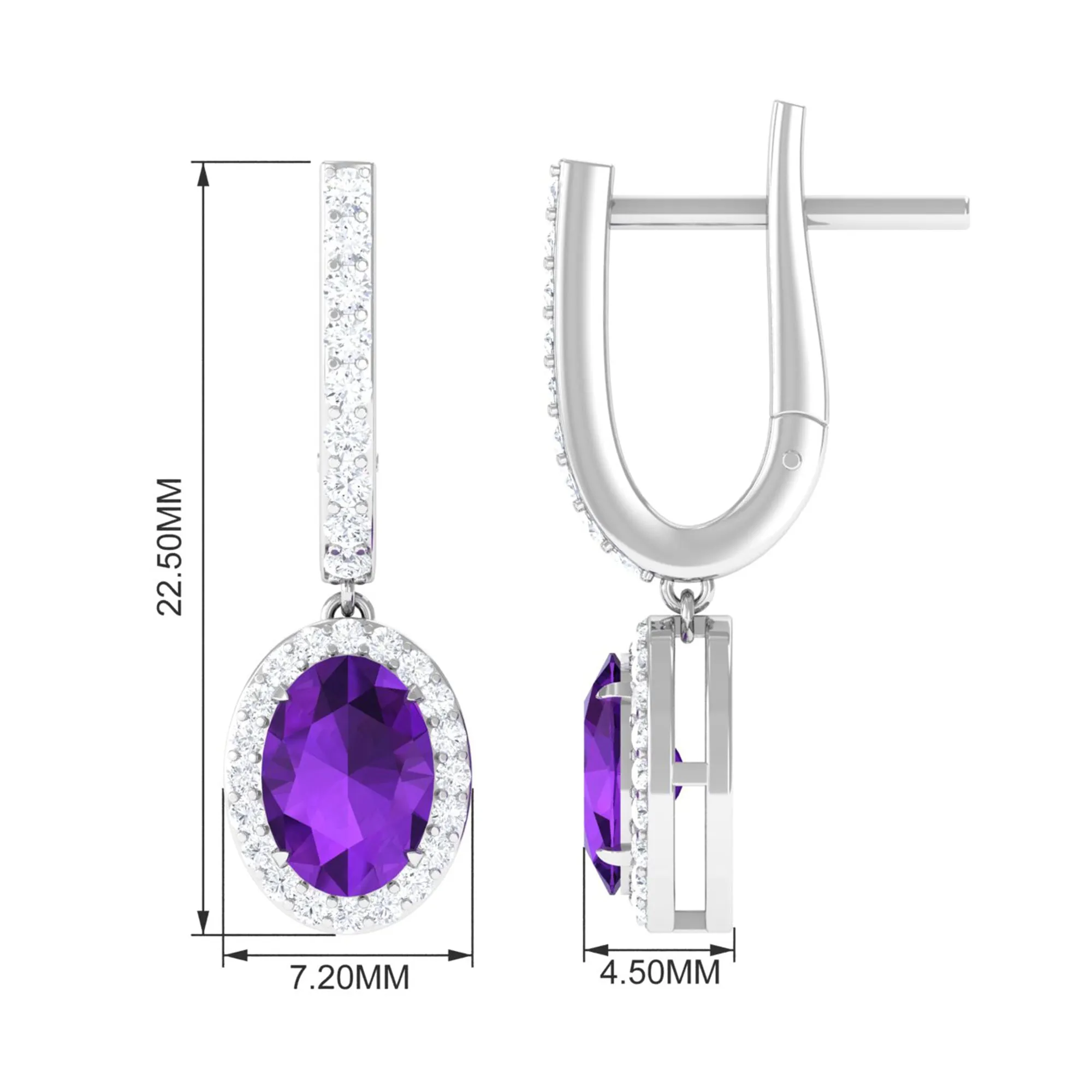 Oval Amethyst Hoop Drop Earrings with Diamond Halo