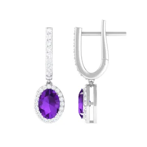 Oval Amethyst Hoop Drop Earrings with Diamond Halo