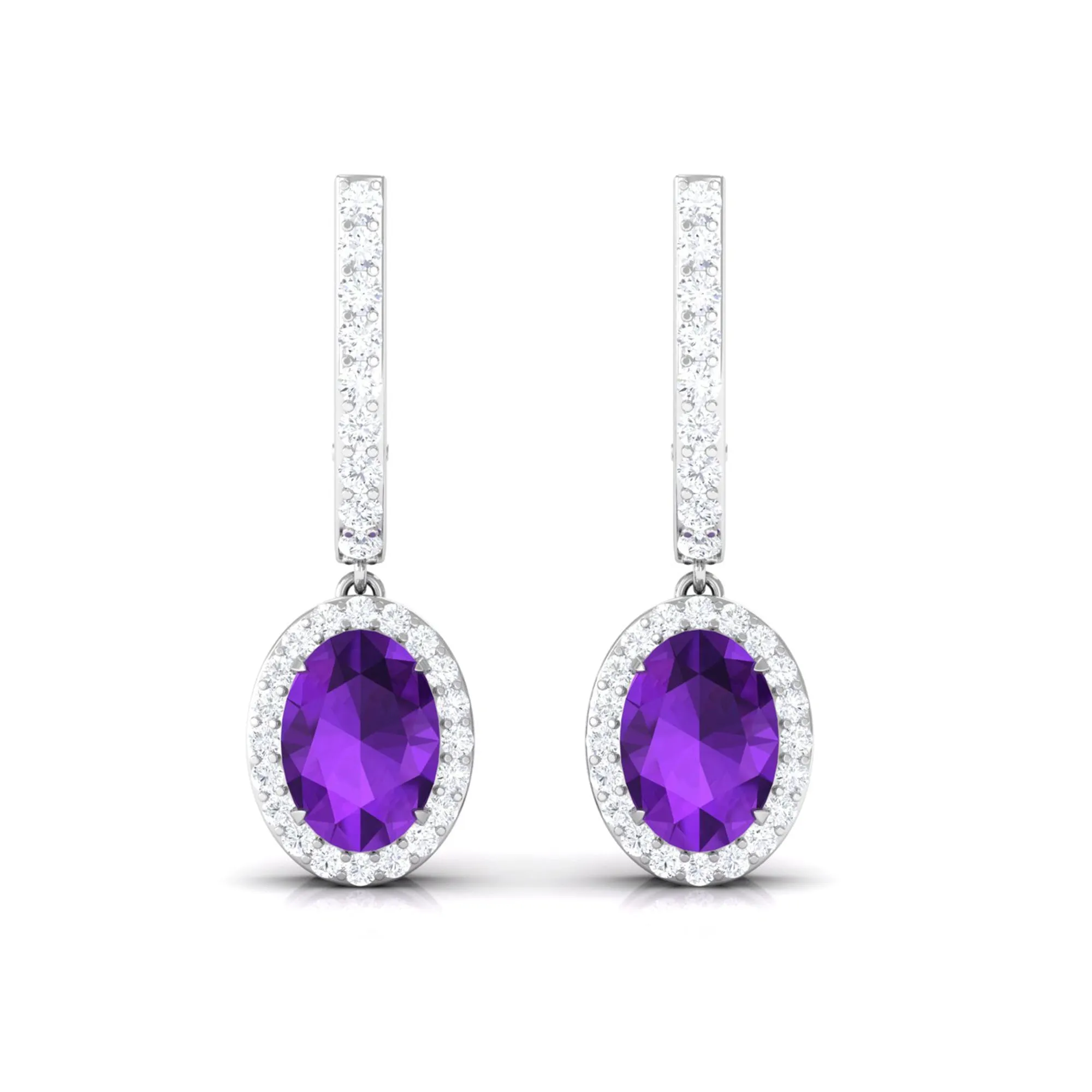 Oval Amethyst Hoop Drop Earrings with Diamond Halo