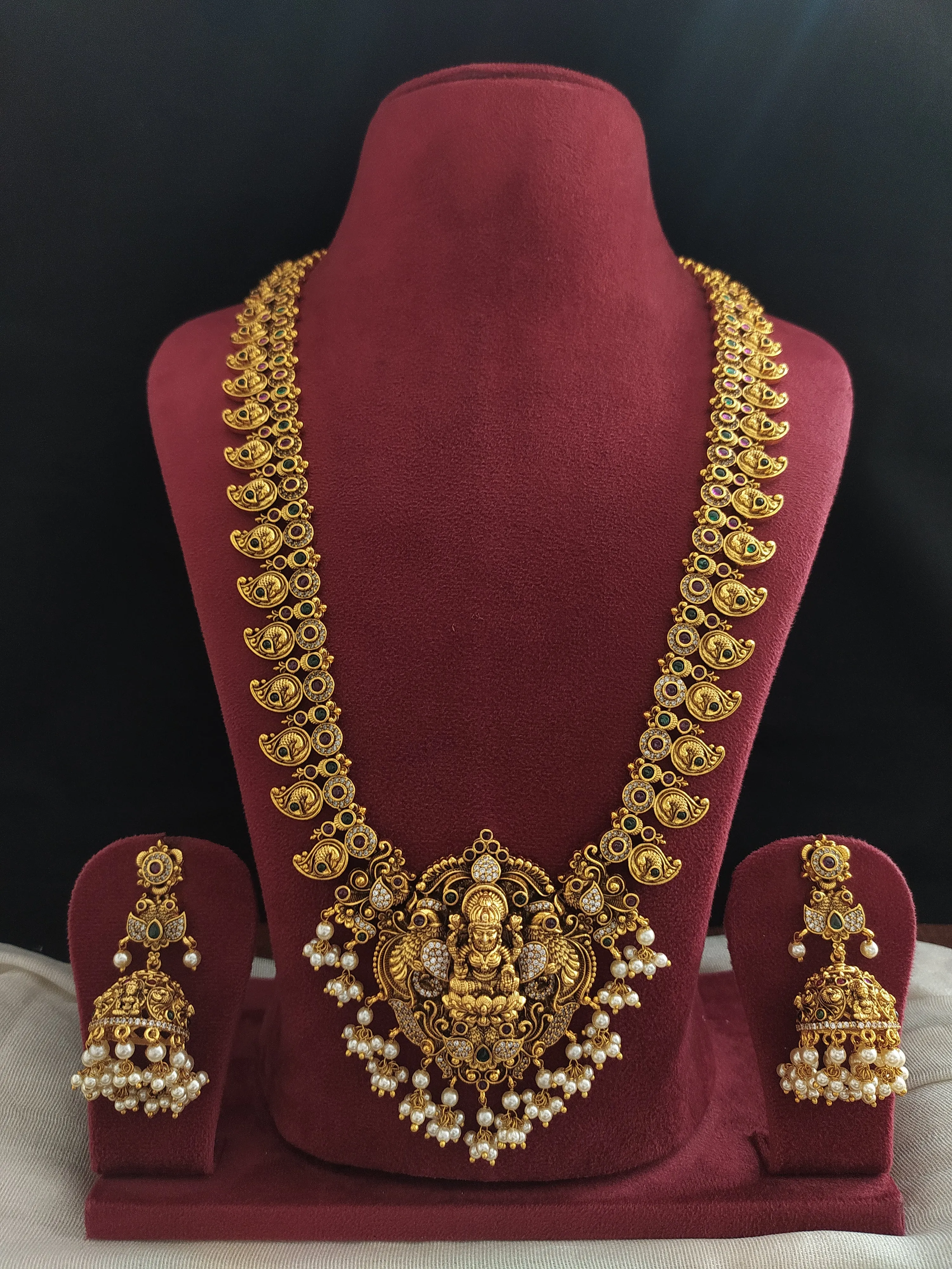 Peacock design kemp stones antique nagas long haram set with pearl drops