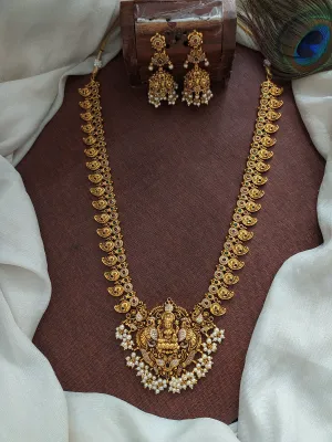 Peacock design kemp stones antique nagas long haram set with pearl drops