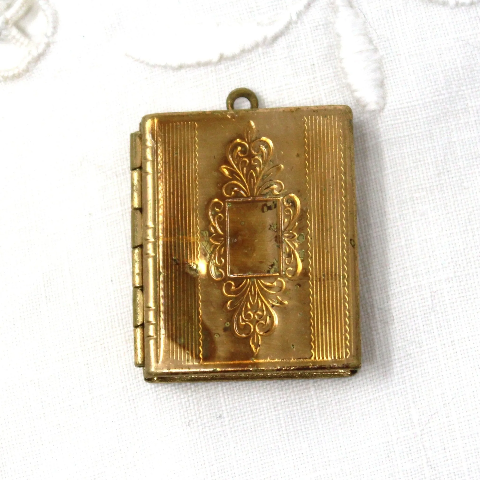 Pendant, Book Shaped Locket, Engraved Design, Vintage