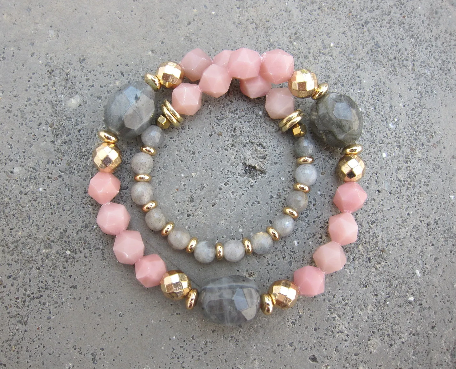 Pink Opal   Labradorite Stone Beaded Bracelet