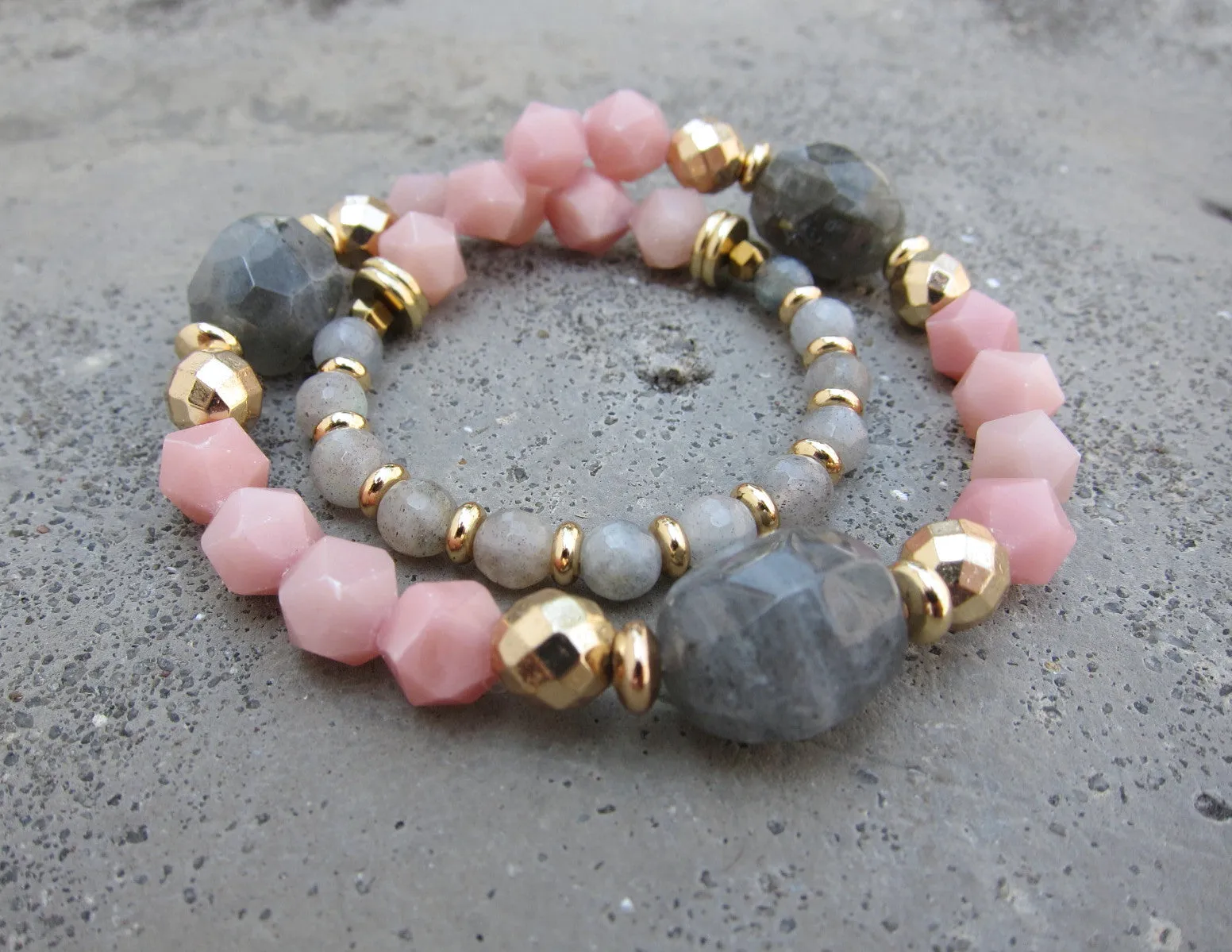 Pink Opal   Labradorite Stone Beaded Bracelet