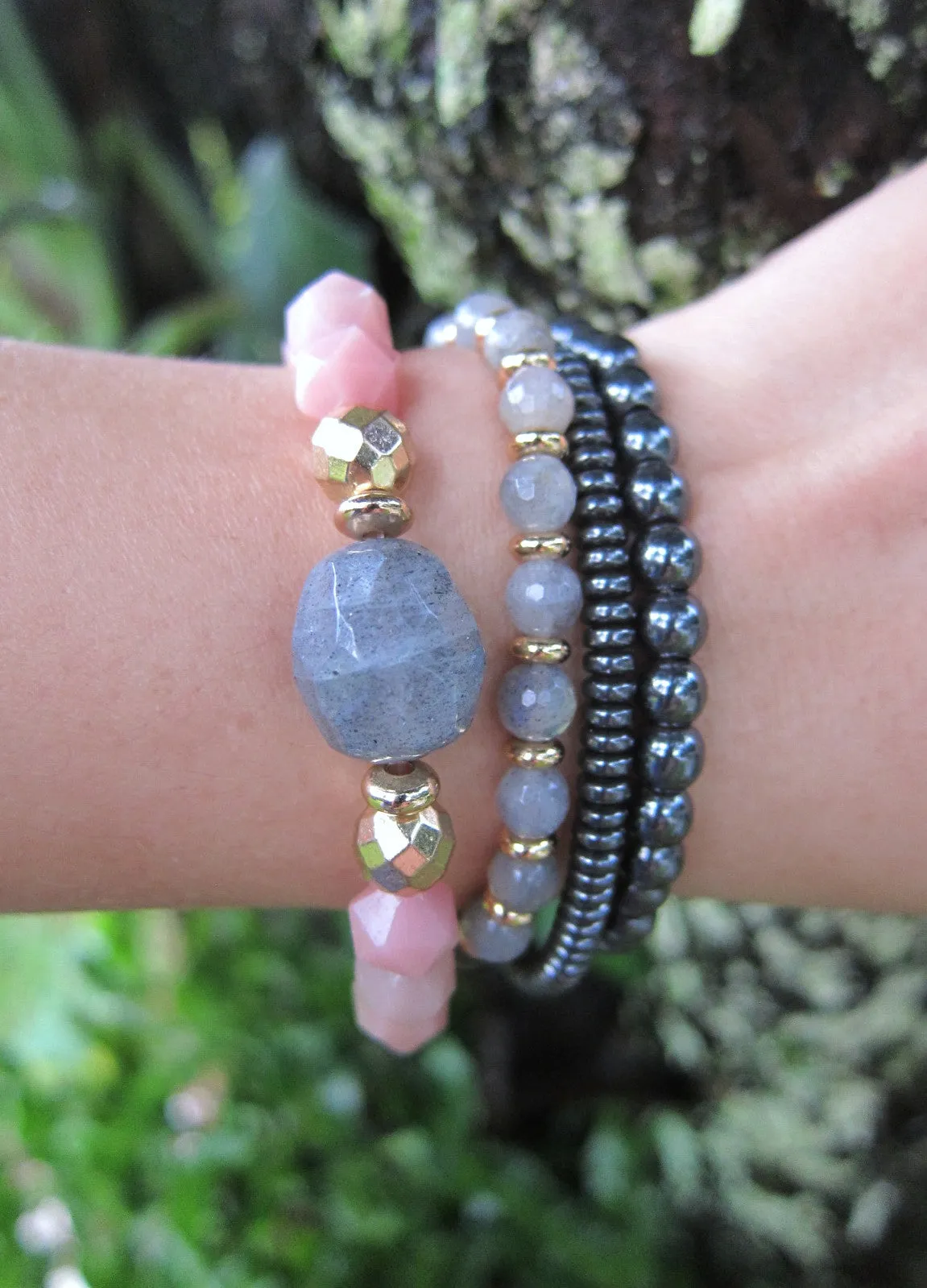 Pink Opal   Labradorite Stone Beaded Bracelet