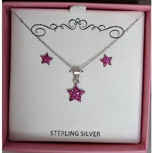 Pink Stars Girl's Sterling Silver Earring & Necklace Set