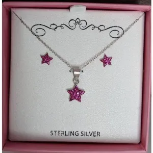 Pink Stars Girl's Sterling Silver Earring & Necklace Set