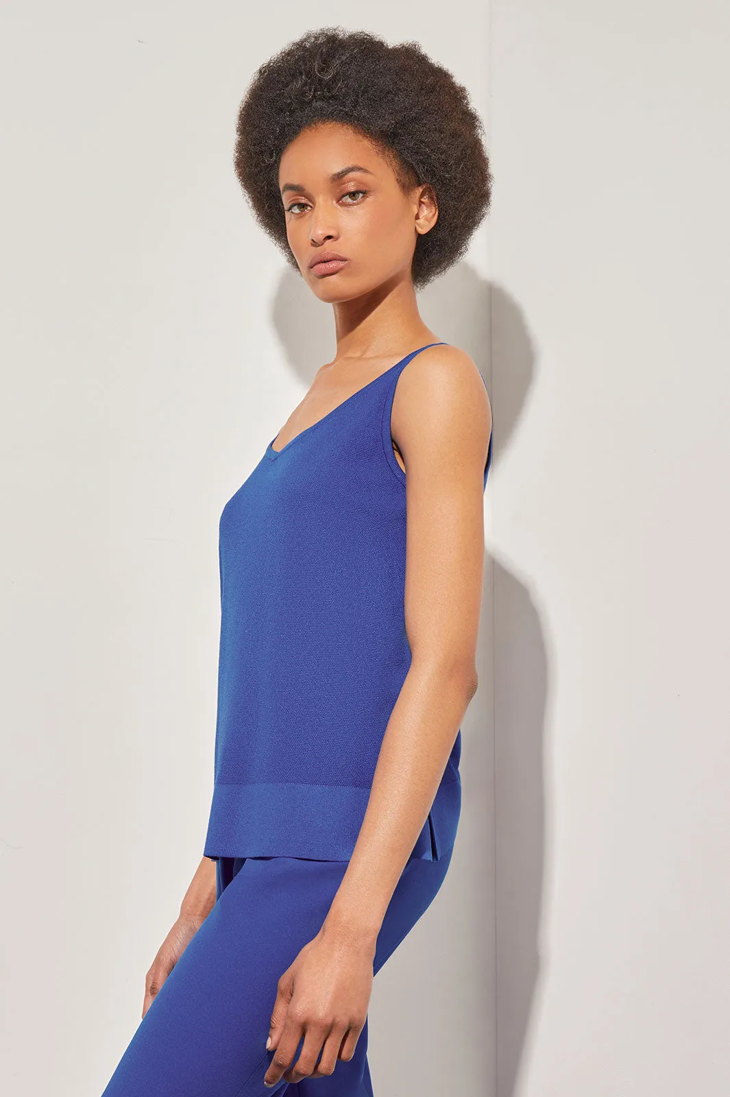 Plus Size V-Neck Tank - Side-Slit Soft Knit, Sapphire Sea