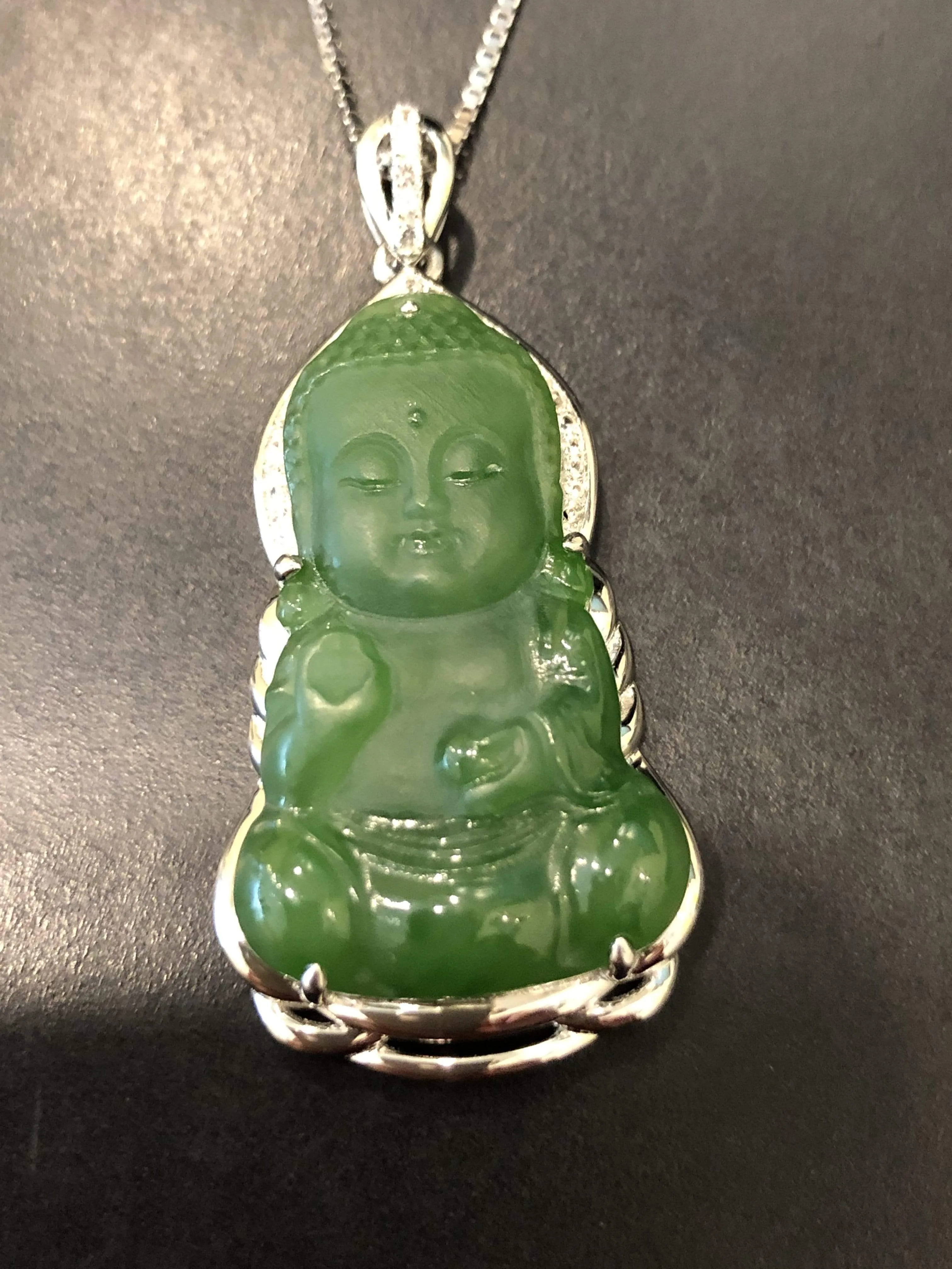 RealJade® Guan Yin Sterling Silver Genuine Nephrite Green Jade GuanYin Baby Buddha  Pendant Necklace