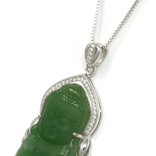 RealJade® Guan Yin Sterling Silver Genuine Nephrite Green Jade GuanYin Baby Buddha  Pendant Necklace