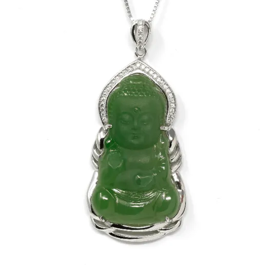 RealJade® Guan Yin Sterling Silver Genuine Nephrite Green Jade GuanYin Baby Buddha  Pendant Necklace