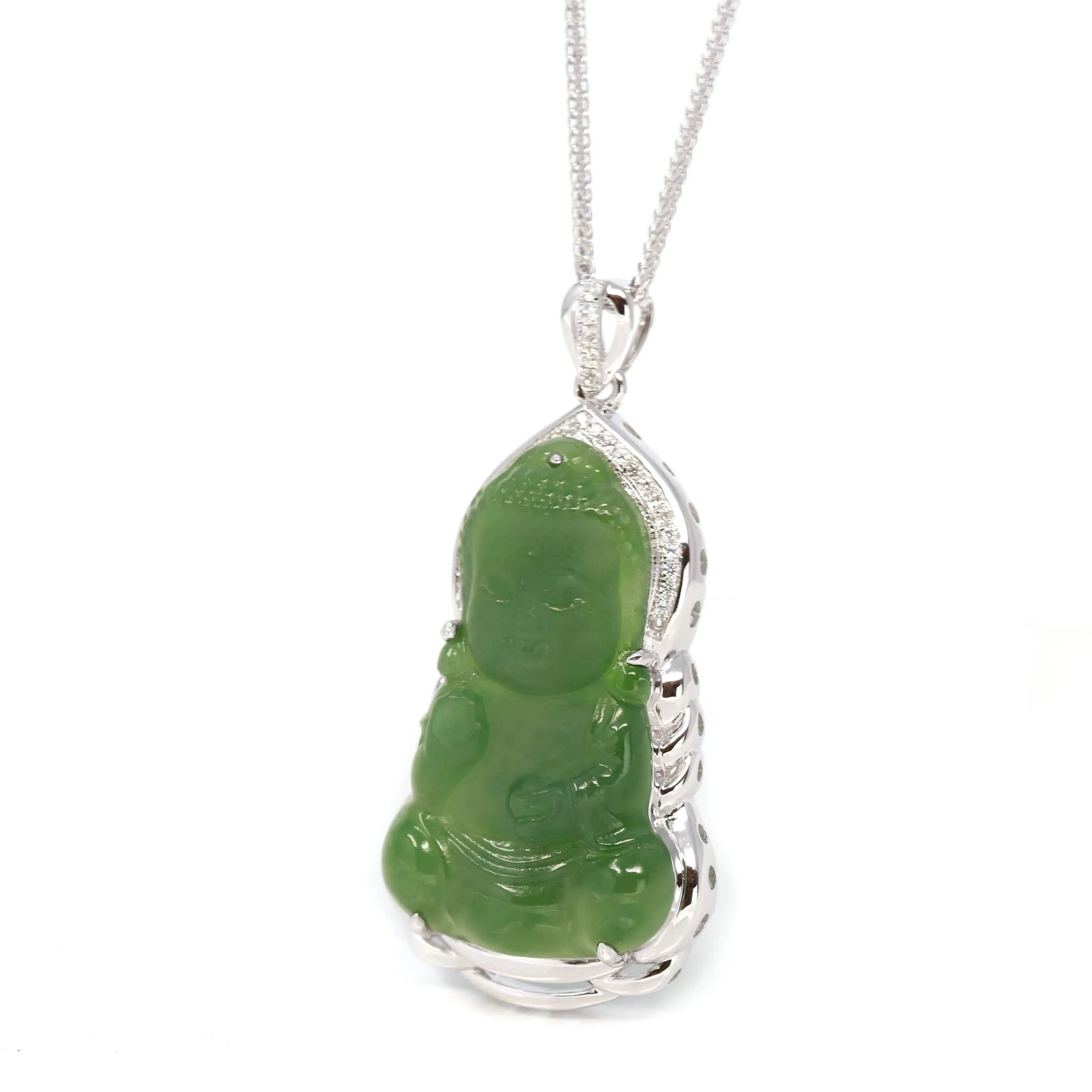 RealJade® Guan Yin Sterling Silver Genuine Nephrite Green Jade GuanYin Baby Buddha  Pendant Necklace