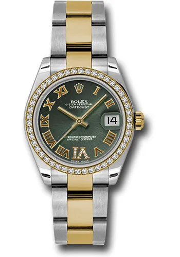 Rolex Steel and Yellow Gold Datejust 31 Watch - 46 Diamond Bezel - Olive Green Diamond Roman Vi Roman Dial - Oyster Bracelet 178383 ogdro