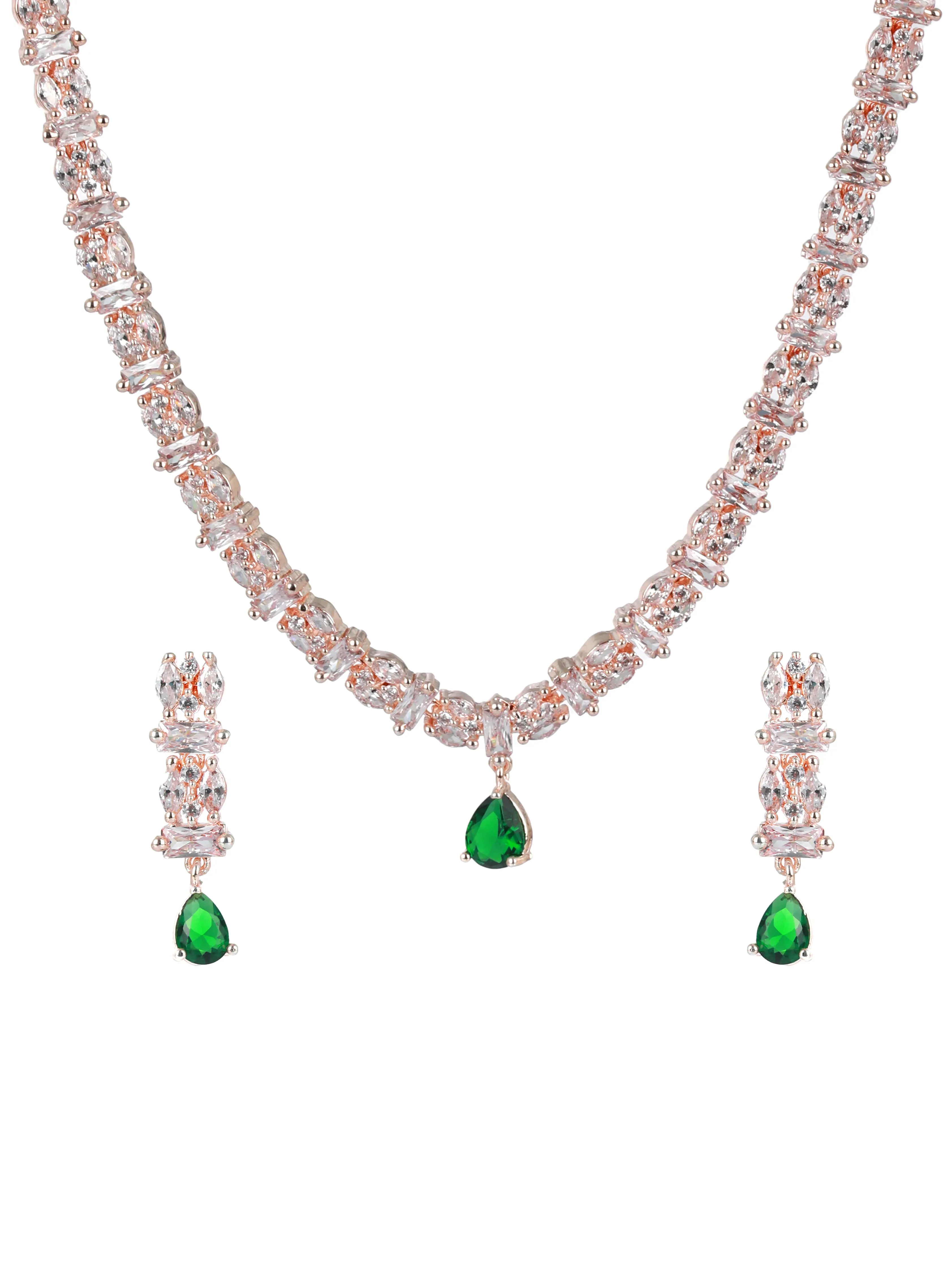 Rose Gold-Plated Green American Diamond & Cz-Studded Jewellery Set