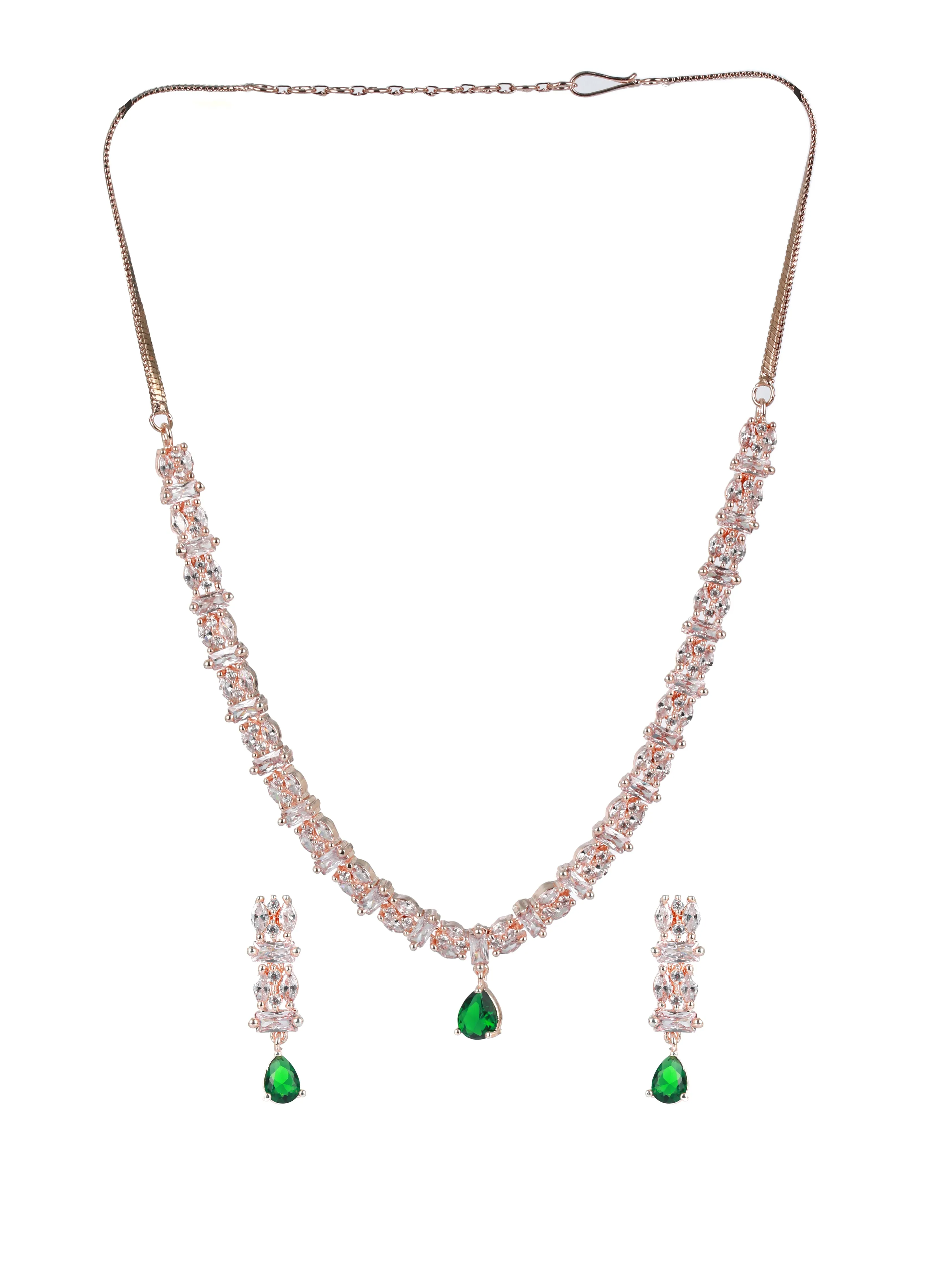 Rose Gold-Plated Green American Diamond & Cz-Studded Jewellery Set