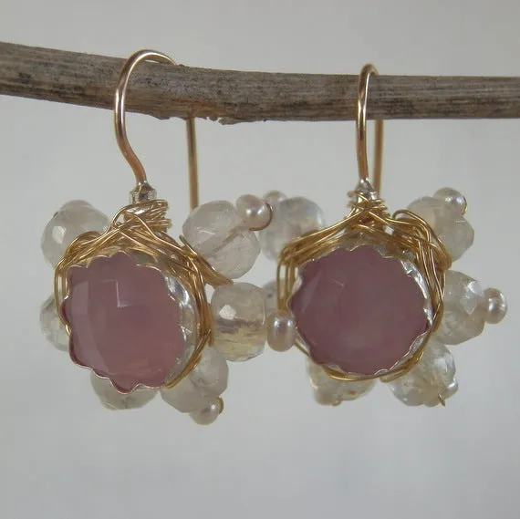 Rose Quartz Flower Star Earrings