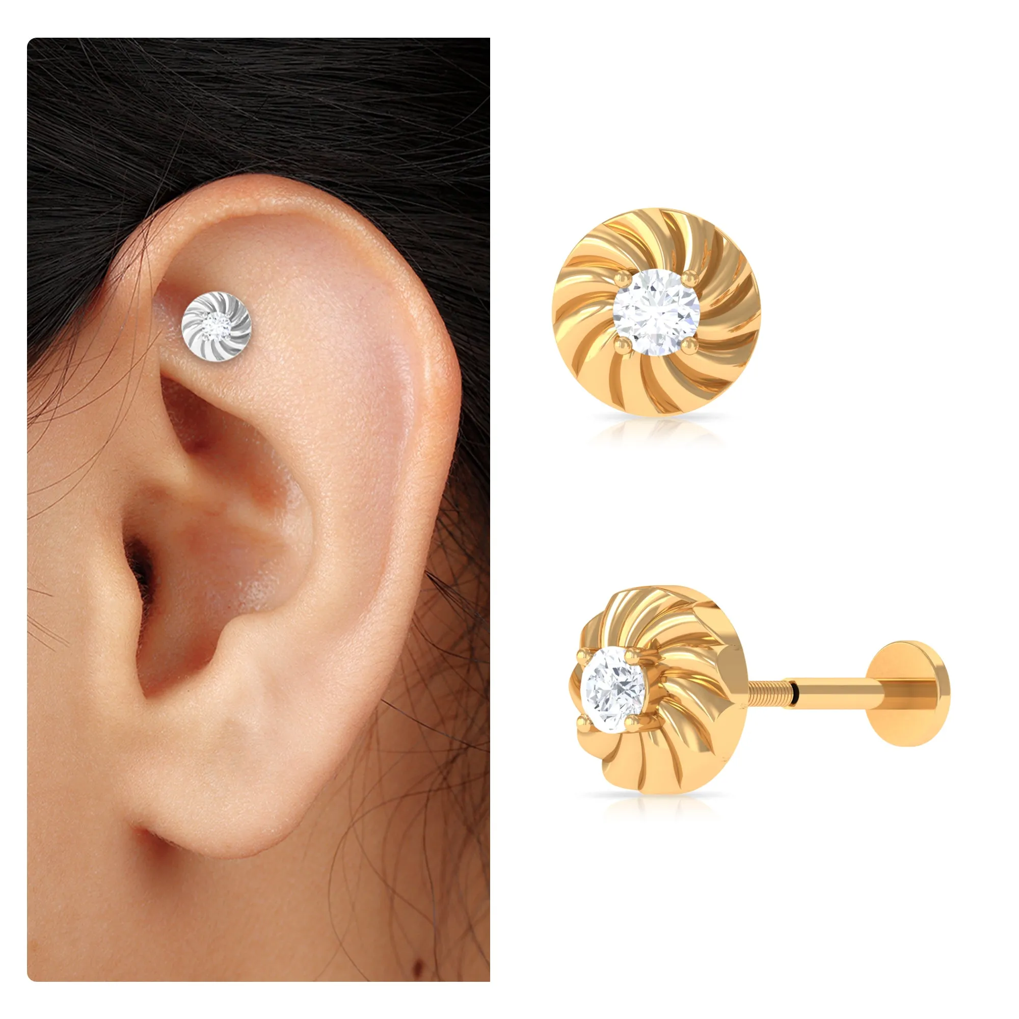 Round Moissanite Gold Swirl Earring for Helix Piercing