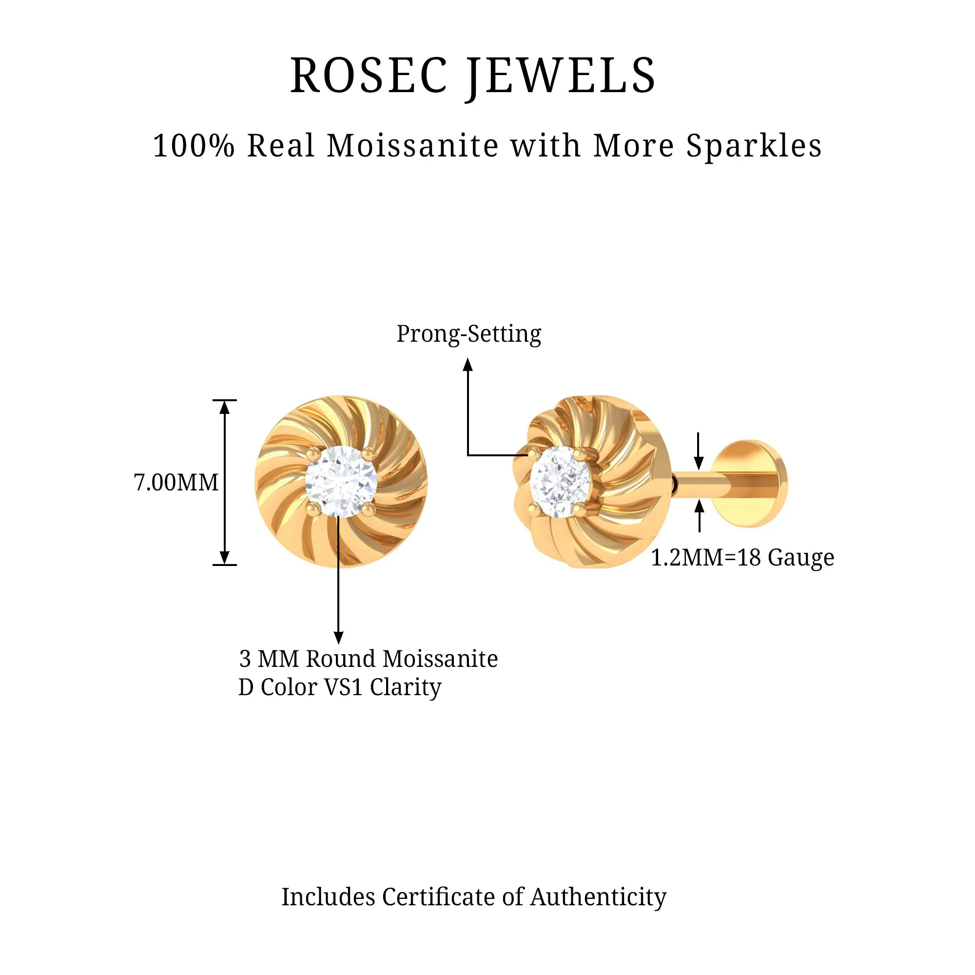 Round Moissanite Gold Swirl Earring for Helix Piercing