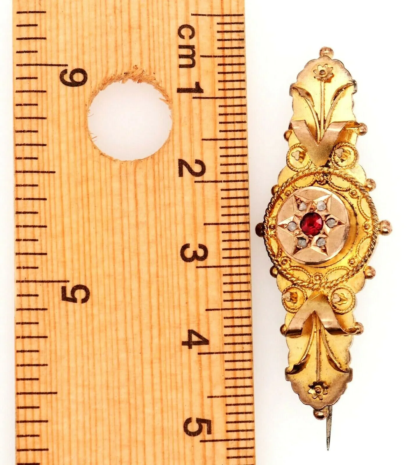 Ruby & Diamond 9ct Yellow Gold Brooch - Hallmarked Chester