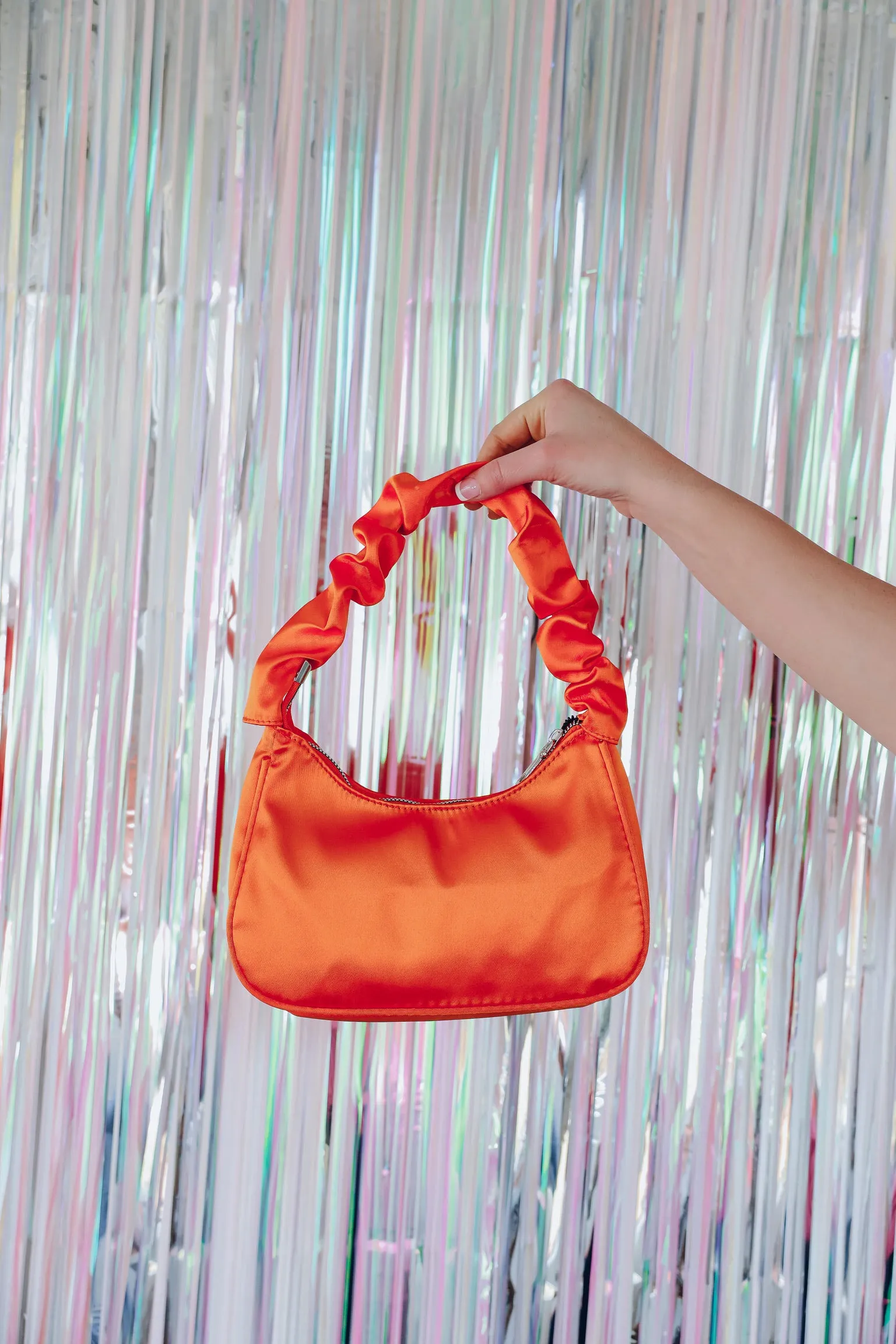 Ruched Handle Satin Shoulder Bag - Orange