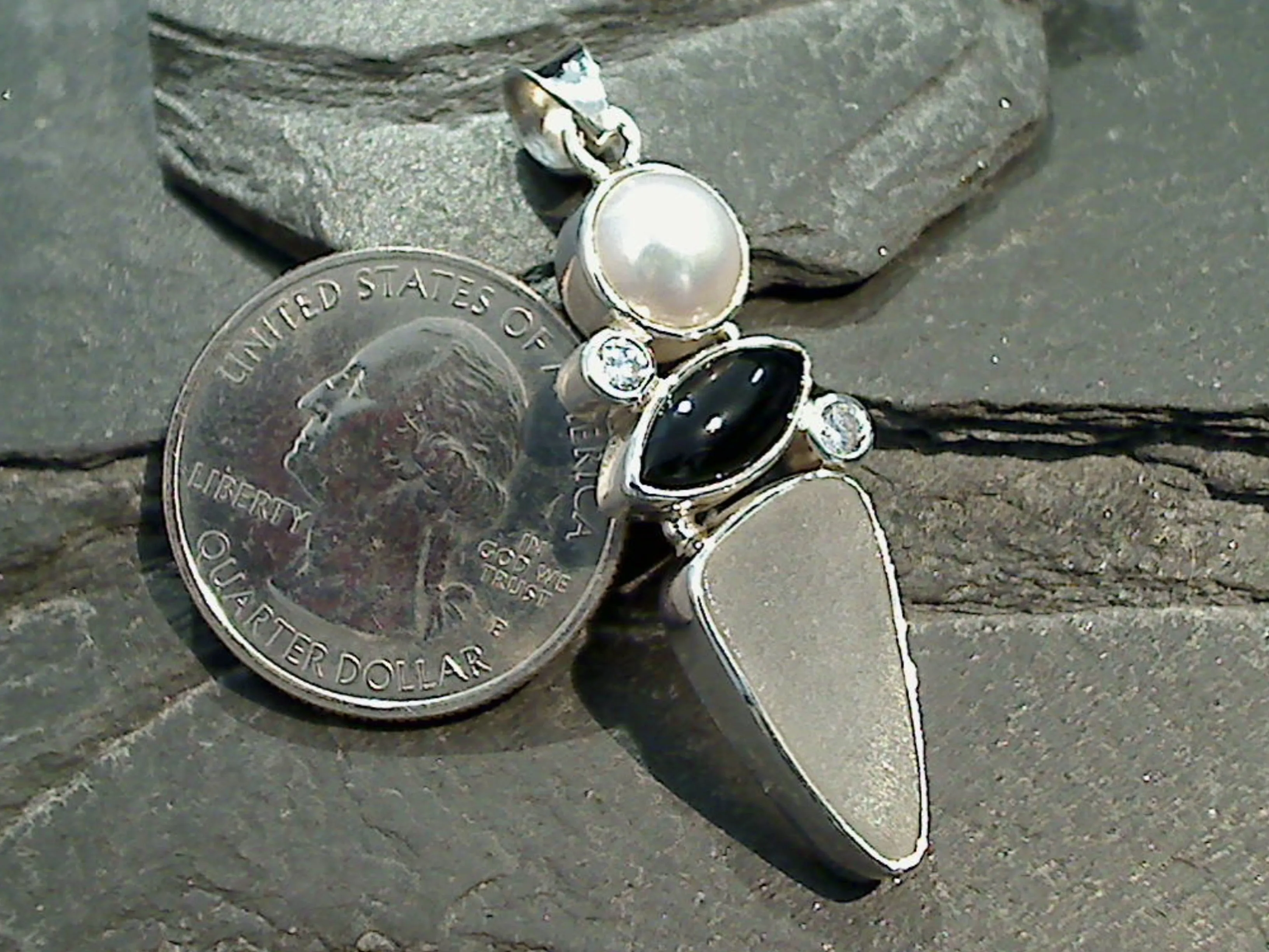 Sea Glass, Onyx, Pearl, CZ, Sterling Silver Pendant