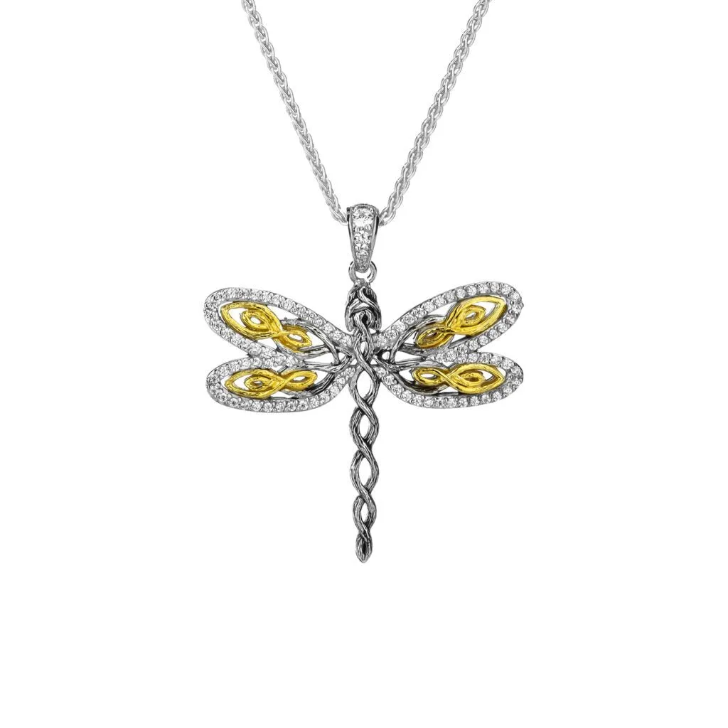 Silver and 10k Yellow or Rose Gold Dragonfly Pendant-Cubic Zirconia