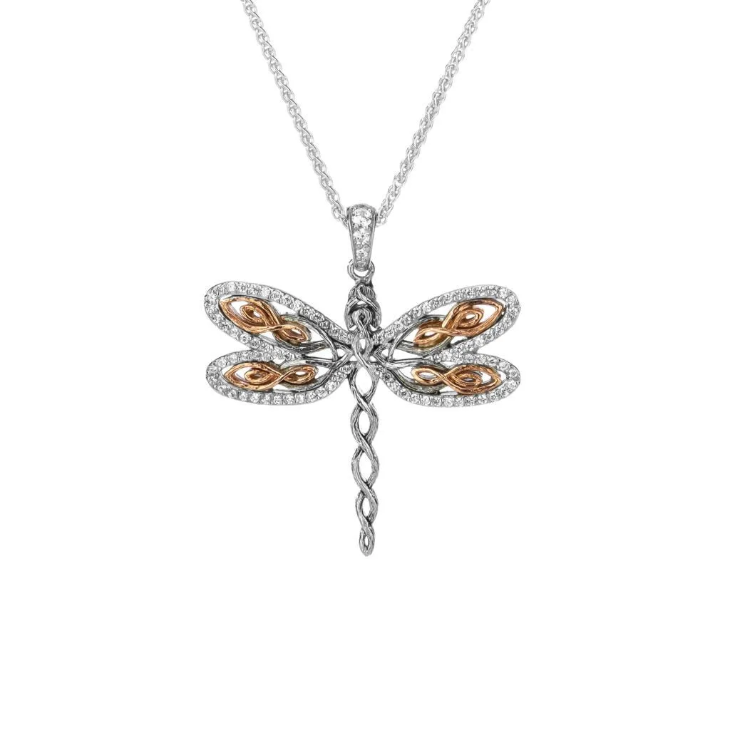 Silver and 10k Yellow or Rose Gold Dragonfly Pendant-Cubic Zirconia