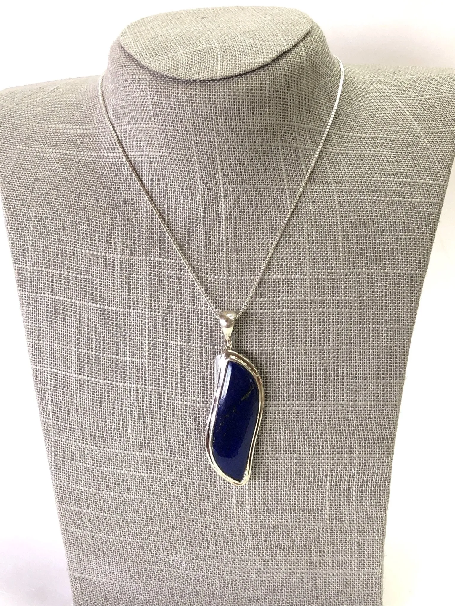 Silver Elongated Pendant Necklace Lapis Lazuli Jewelry