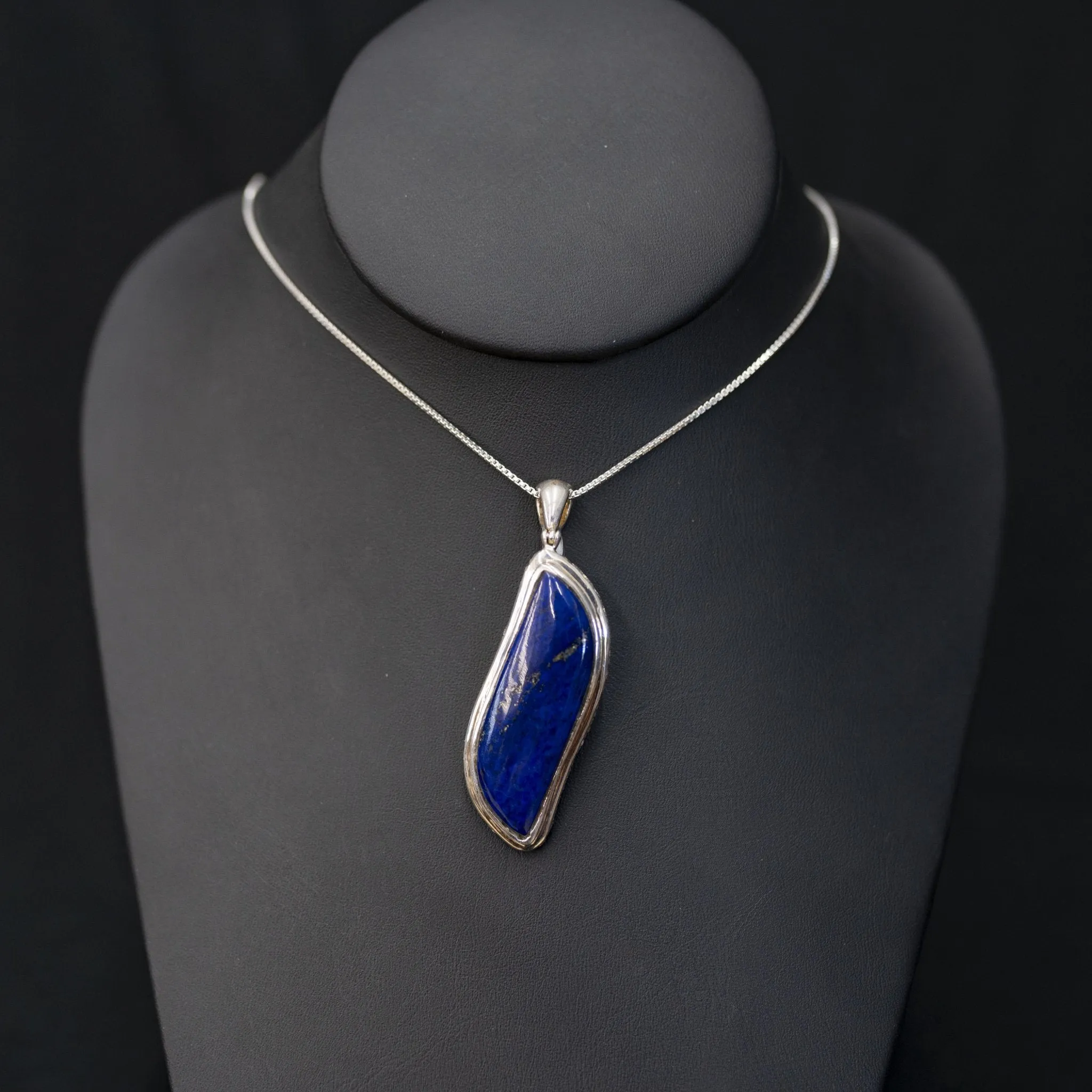 Silver Elongated Pendant Necklace Lapis Lazuli Jewelry