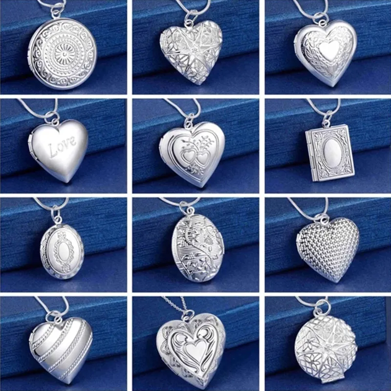 Silver Plated Romantic Heart-Shaped Photo Frame Locket Pendant Necklaces