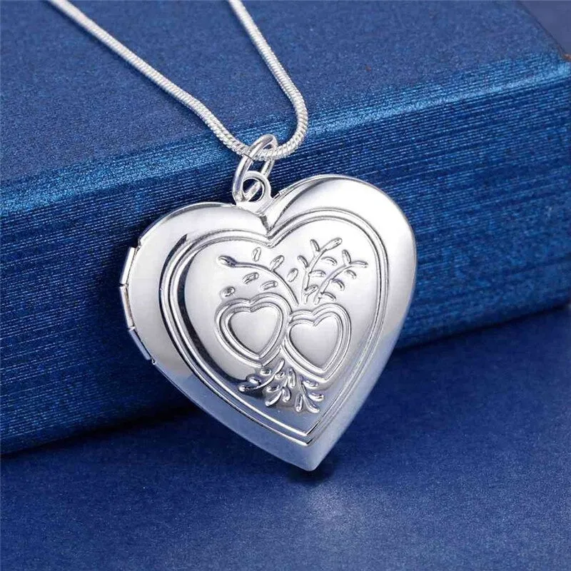 Silver Plated Romantic Heart-Shaped Photo Frame Locket Pendant Necklaces