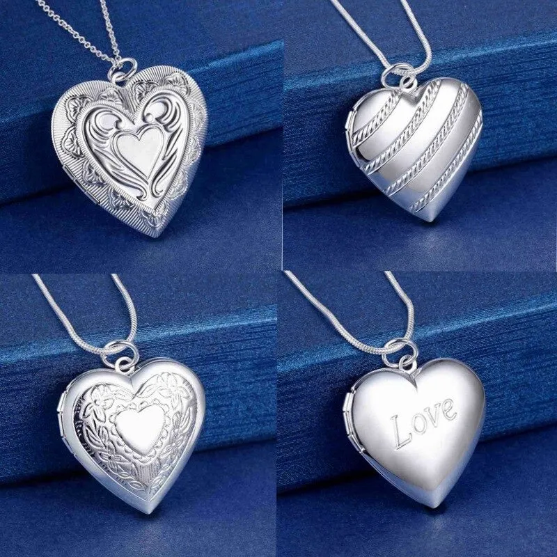 Silver Plated Romantic Heart-Shaped Photo Frame Locket Pendant Necklaces