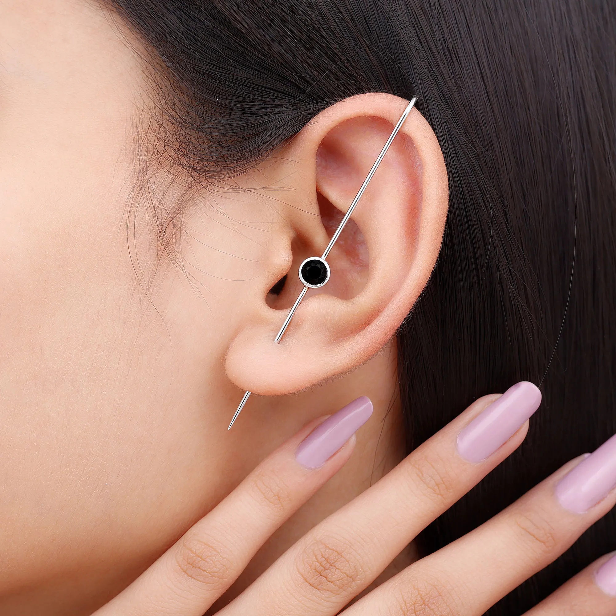 Simple Black Onyx Ear Pin Earring in Bezel Setting