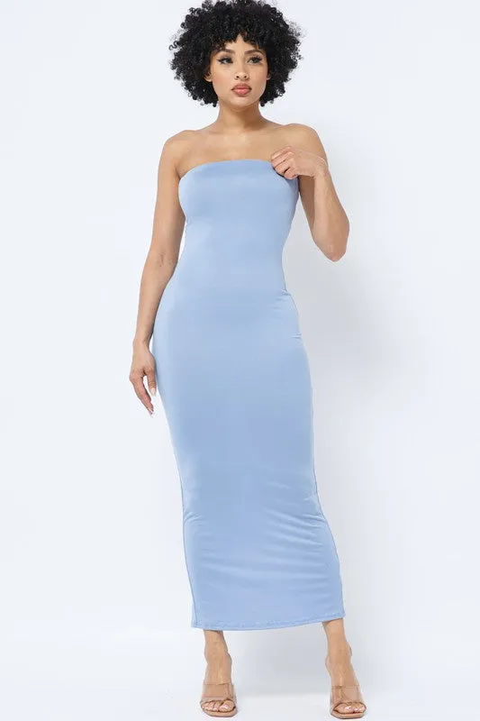 SOLID STRAP LESS DRESS WITH BACK SLIT