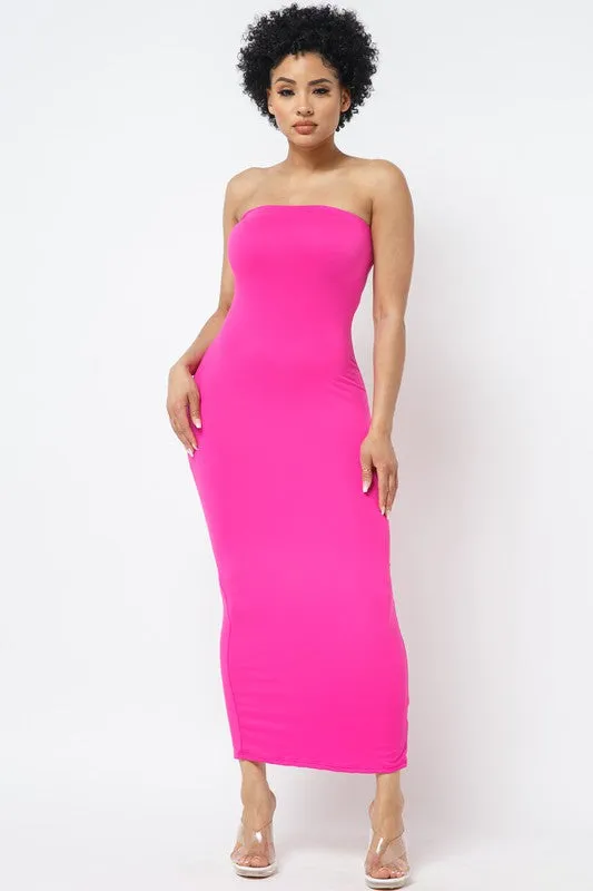 SOLID STRAP LESS DRESS WITH BACK SLIT