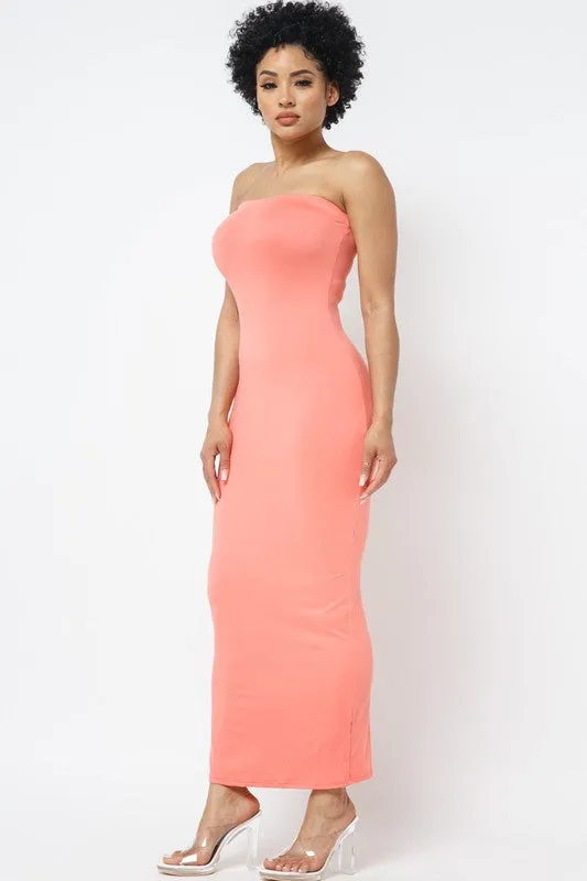 SOLID STRAP LESS DRESS WITH BACK SLIT