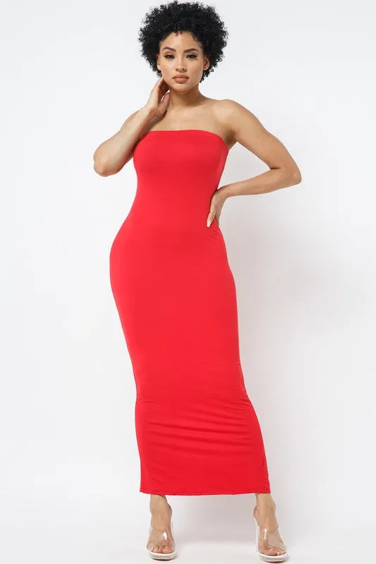 SOLID STRAP LESS DRESS WITH BACK SLIT