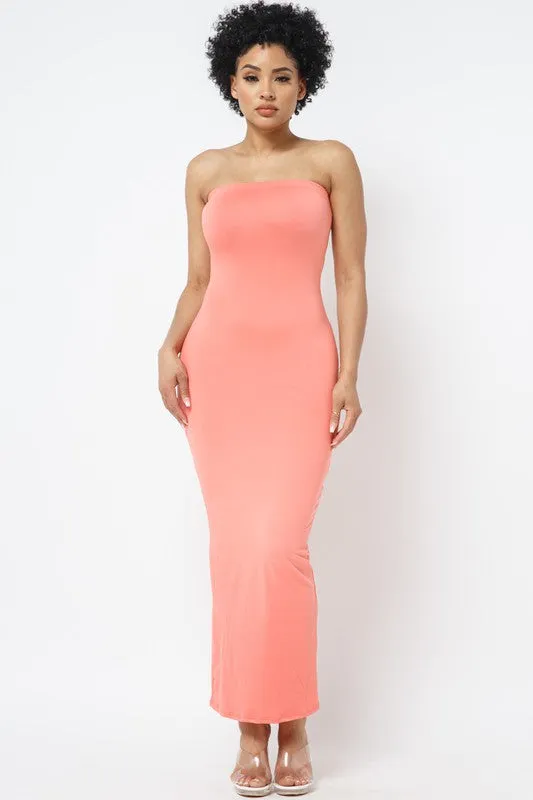 SOLID STRAP LESS DRESS WITH BACK SLIT