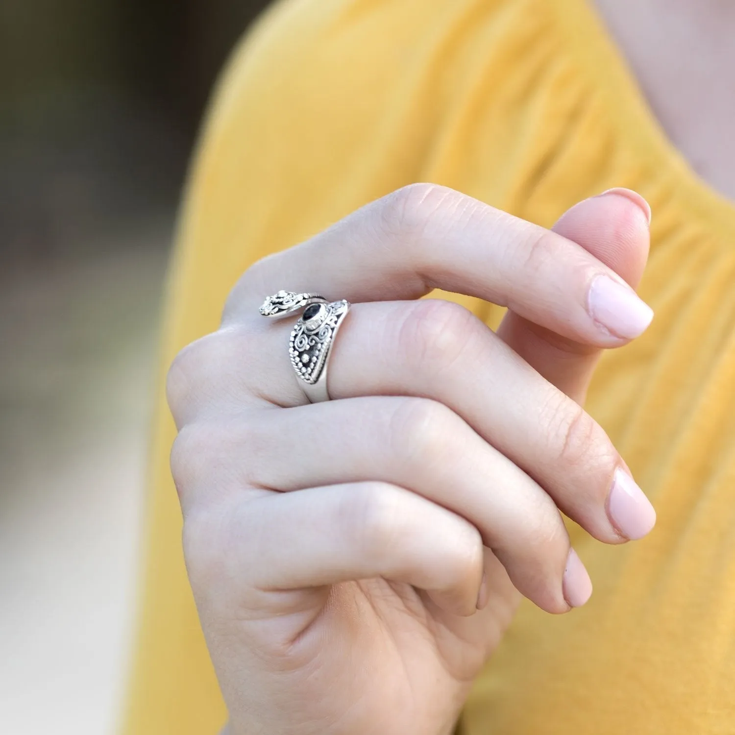 Sterling Silver Black Onyx Ornate Wrap Ring