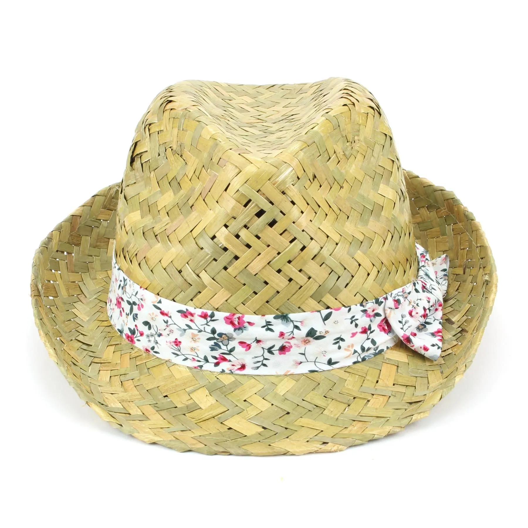 Straw Trilby Fedora Hat with Floral Print Band - Red