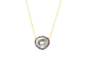 Tahitian Keshi Pearl and Rainbow Sapphire Halo Necklace