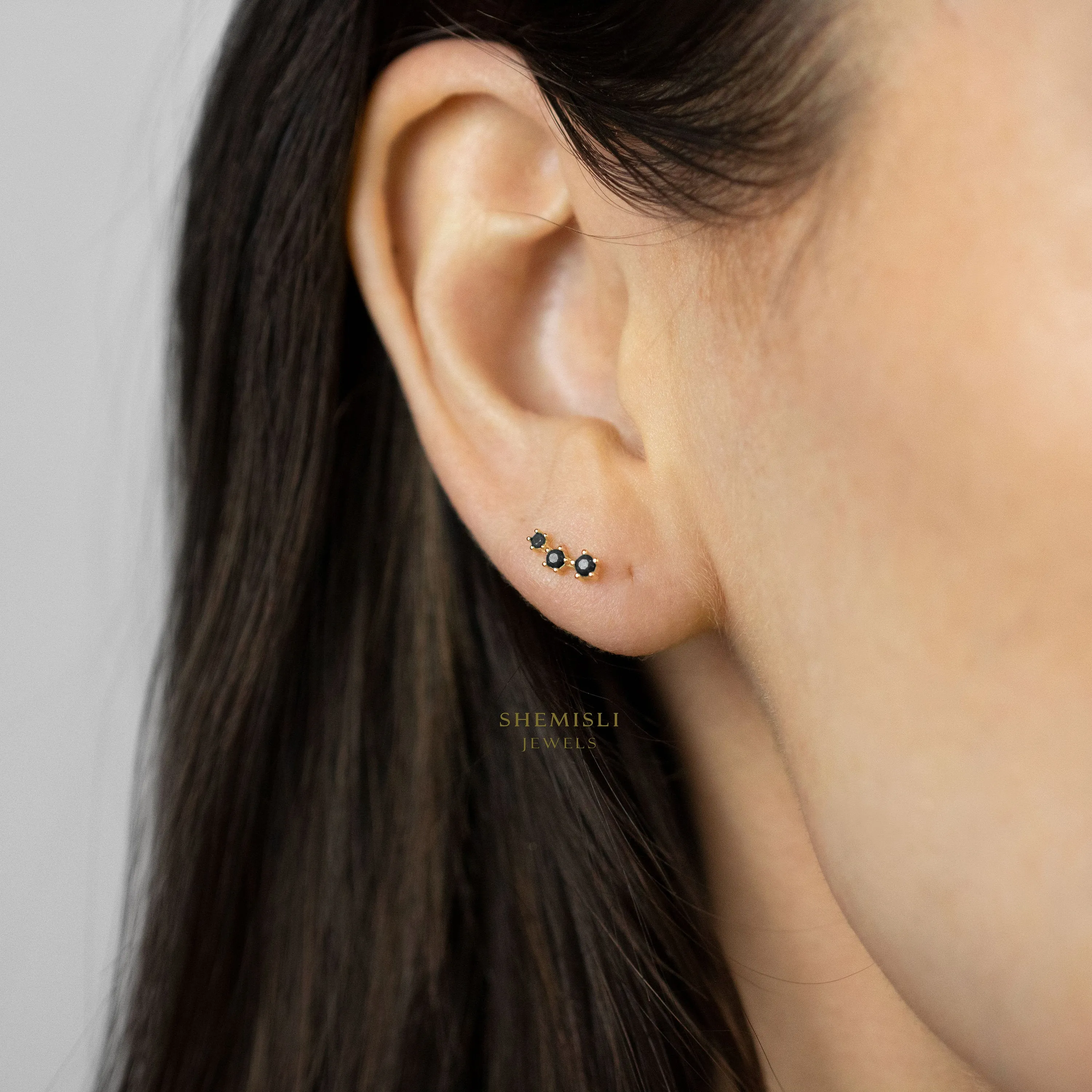 Tiny Triple Black Stones Climber Stud Earrings, Unisex, Gold, Silver SHEMISLI SS250 Butterfly End, SS492 Screw Ball End (Type A) LR