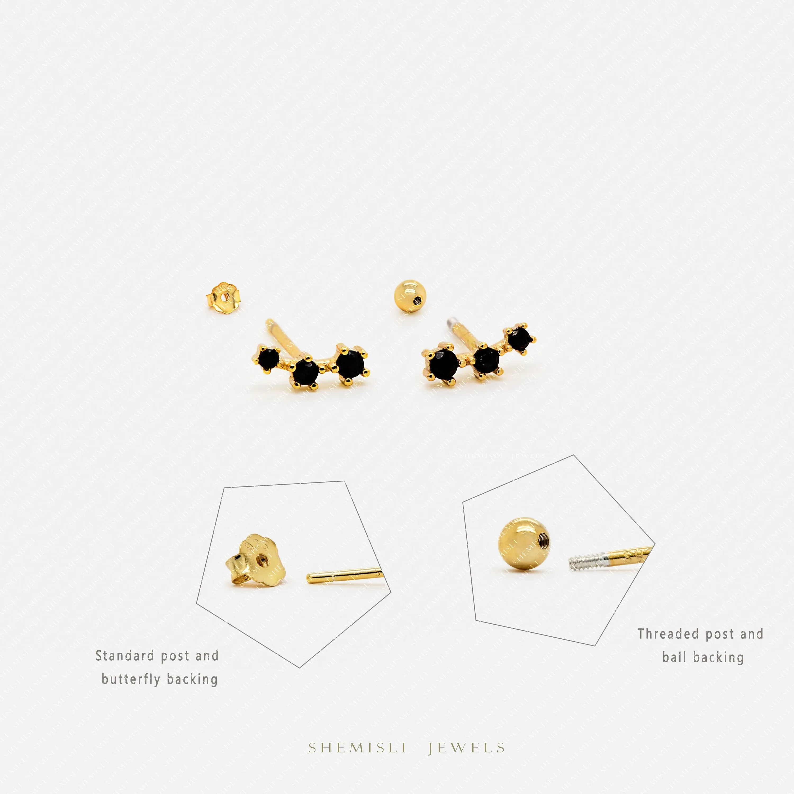 Tiny Triple Black Stones Climber Stud Earrings, Unisex, Gold, Silver SHEMISLI SS250 Butterfly End, SS492 Screw Ball End (Type A) LR